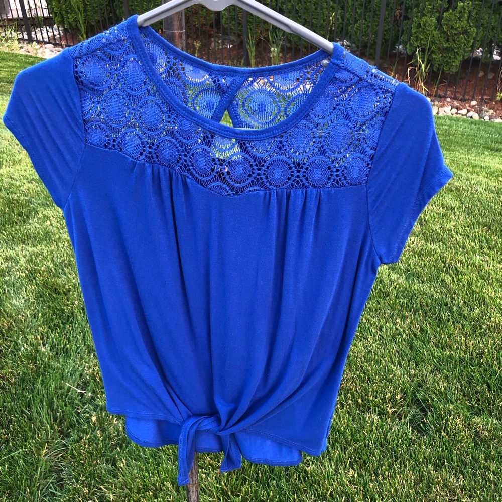 Blue tie up and lace tee